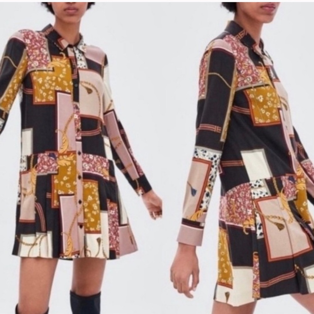 Zara Patchwork Chain Print Button Down Longsleeve… - image 1